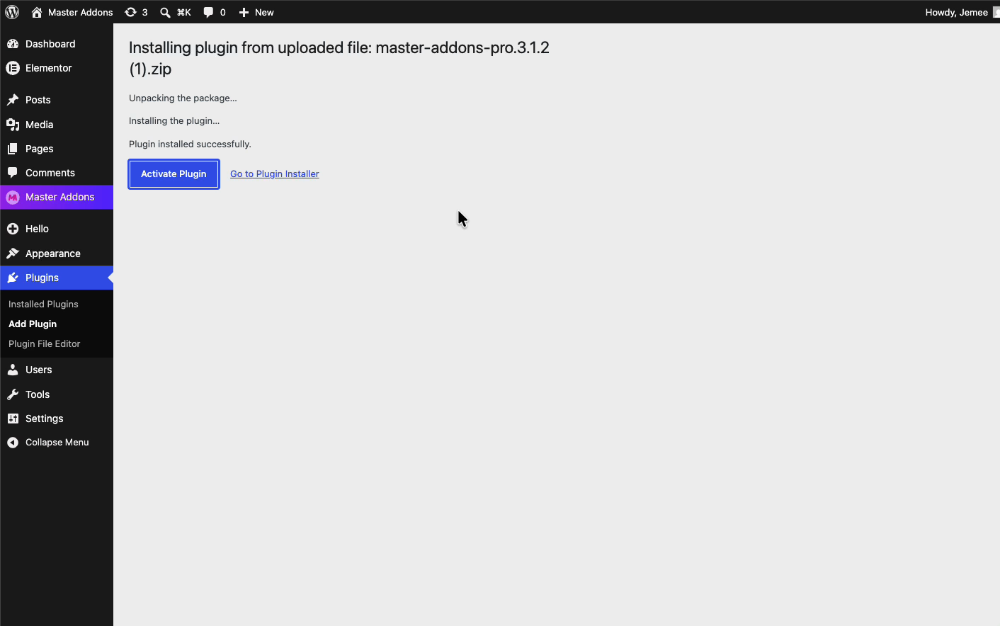 Master Addons Pro installed successfully with the Activate Plugin button in WordPress