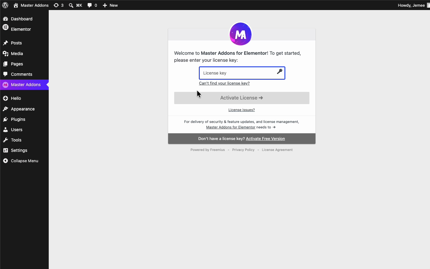 Master Addons Pro welcome screen asking for the license key with the Activate Free Version option