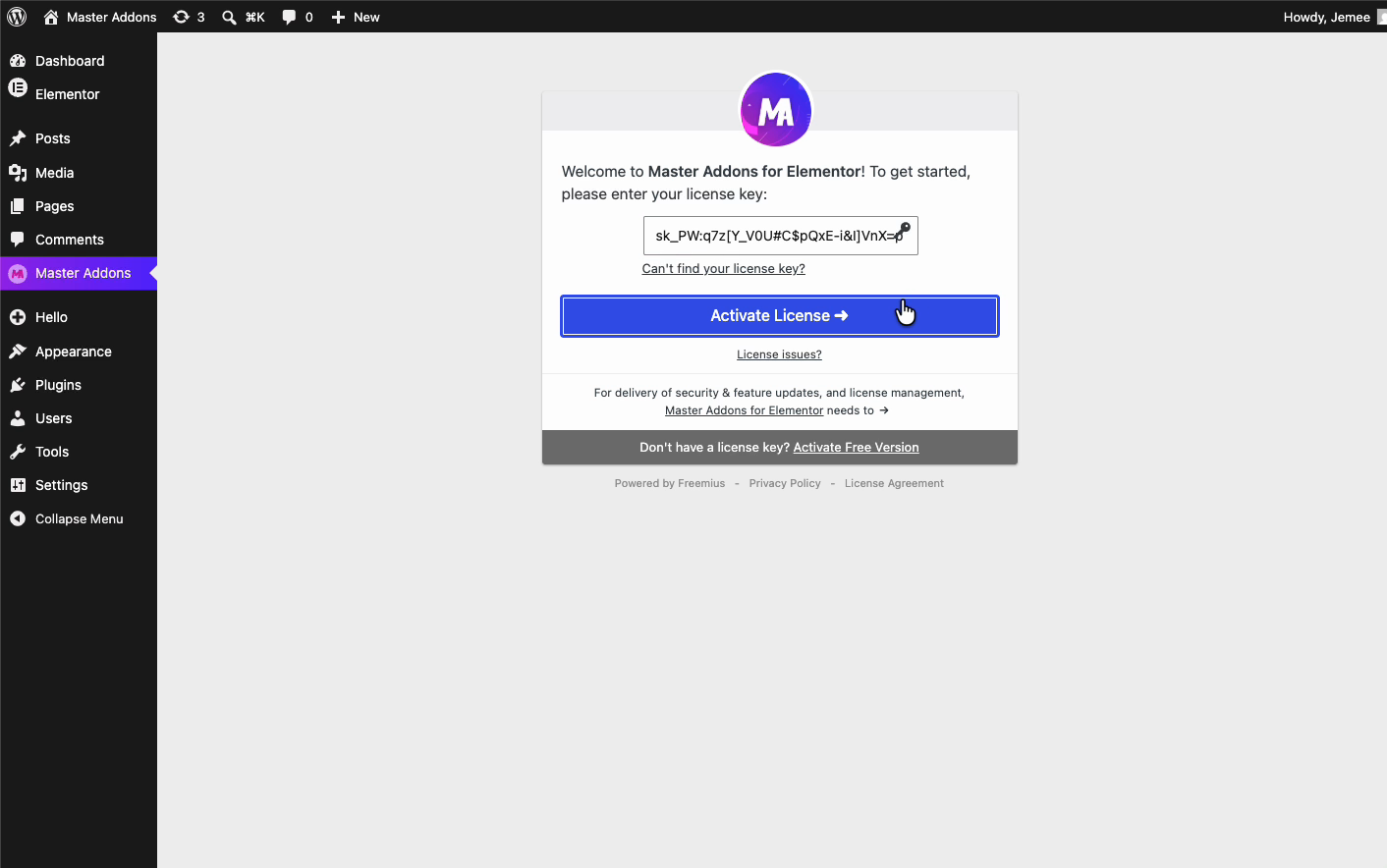 Clicking Activate License after pasting the Master Addons Pro license key
