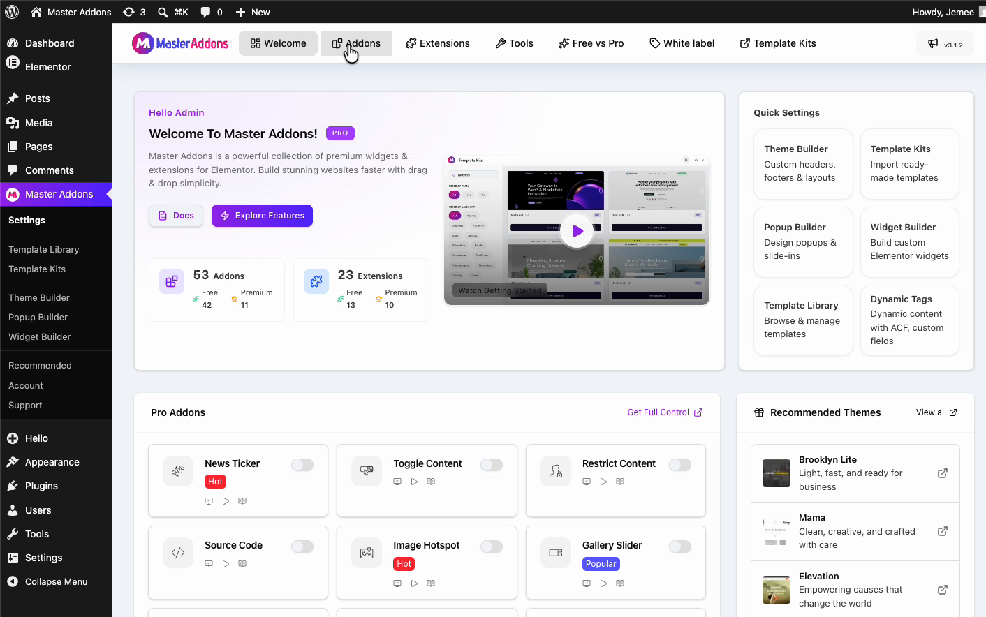 Master Addons Pro active in the WordPress dashboard with premium features unlocked