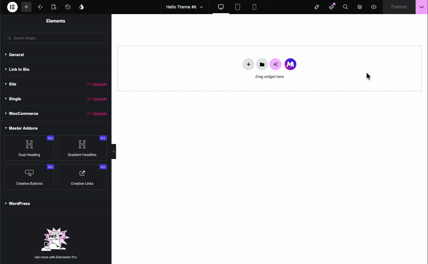 Master Addons widget category in Elementor showing only a few widgets because the rest are disabled