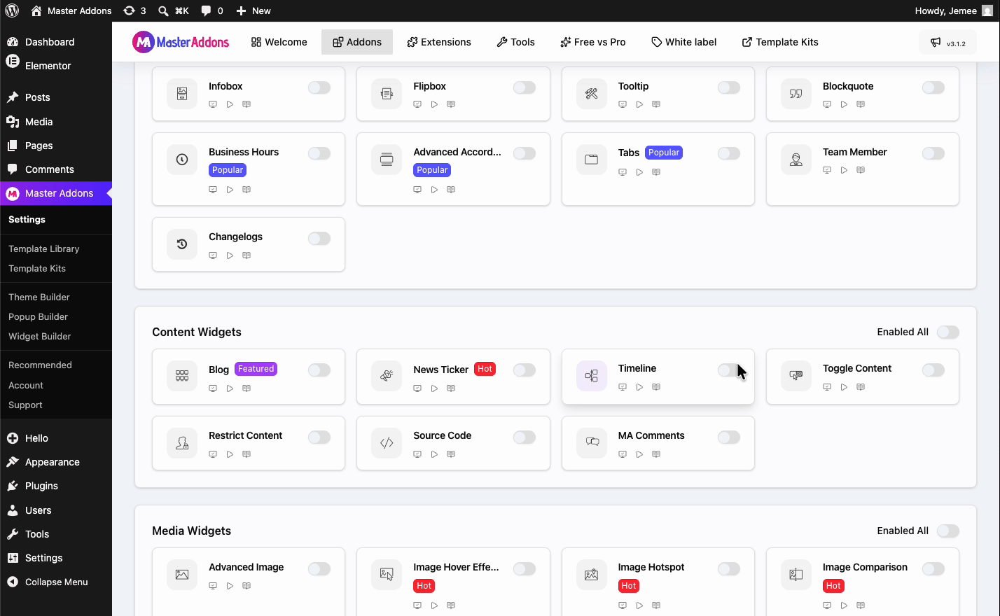 Master Addons Addons panel in WordPress with individual on and off toggles for each widget