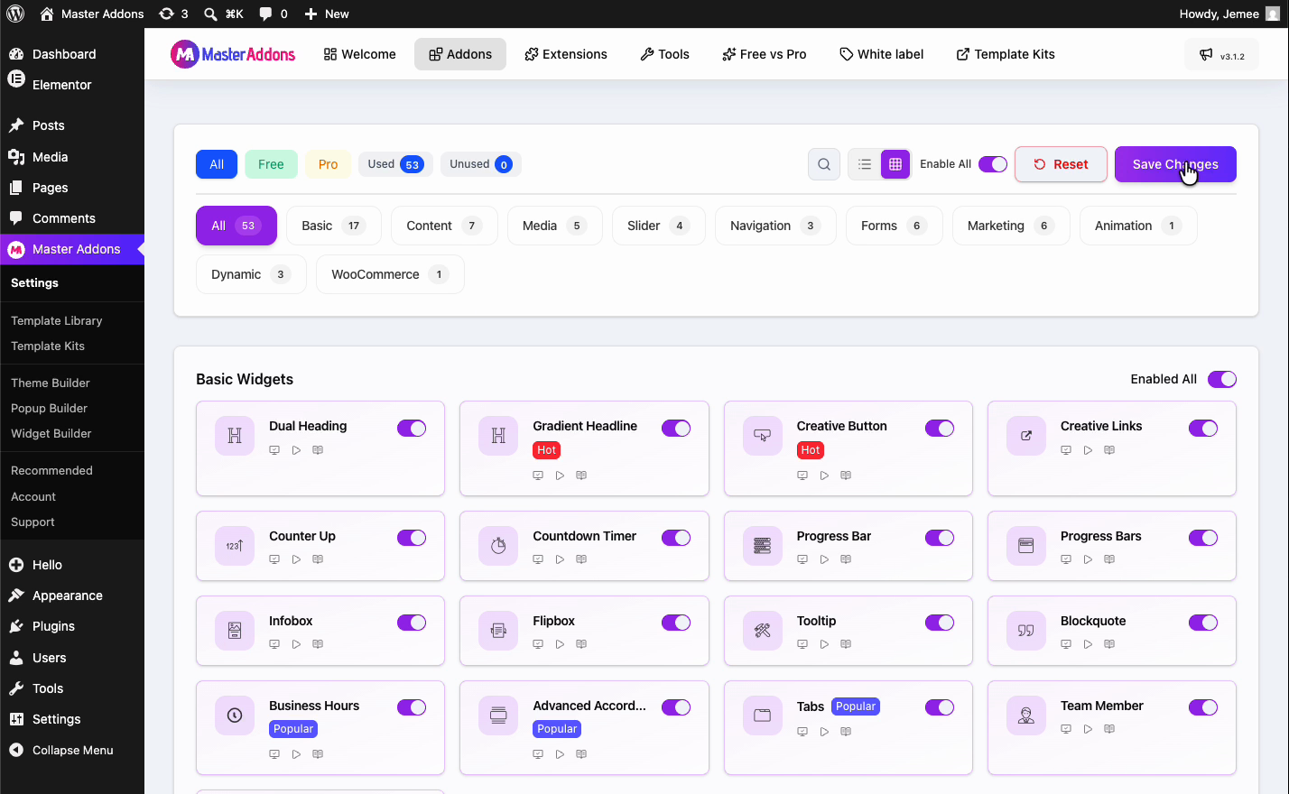 Enabling Master Addons widgets and clicking Save Changes in the Addons panel