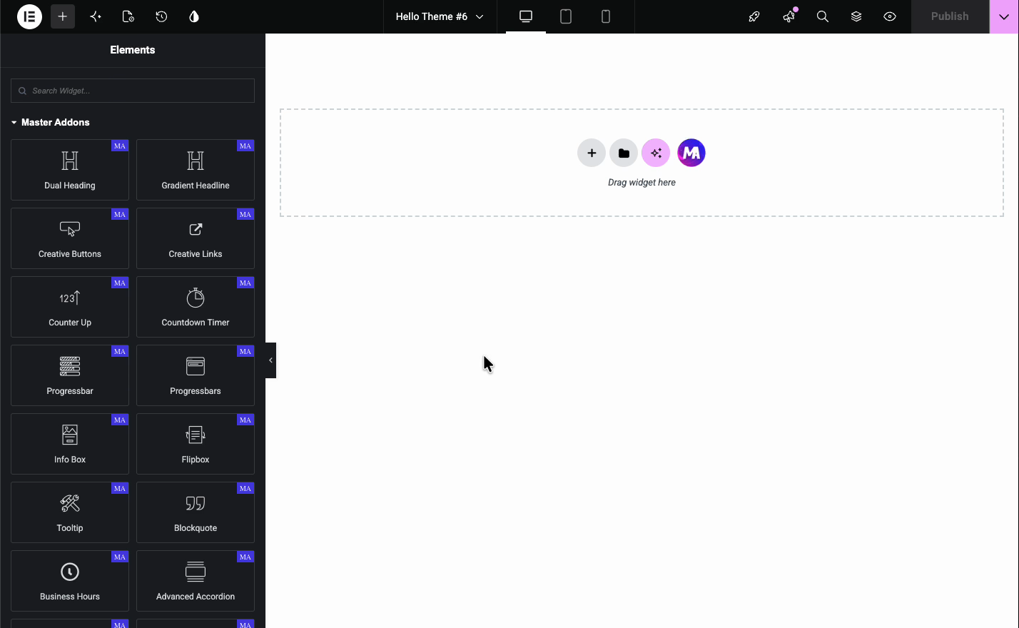 Master Addons widgets now showing in the Elementor editor after being enabled