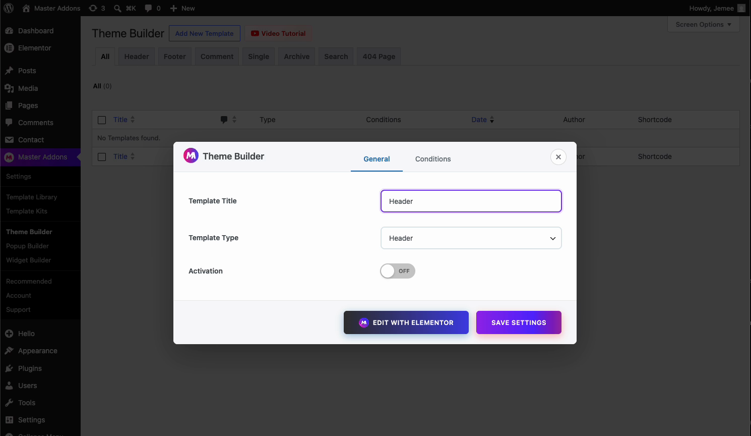 Creating a Header template in the Master Addons Theme Builder with template type set to Header