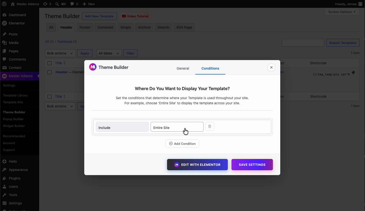 Setting the header display condition to Include Entire Site in Master Addons Theme Builder