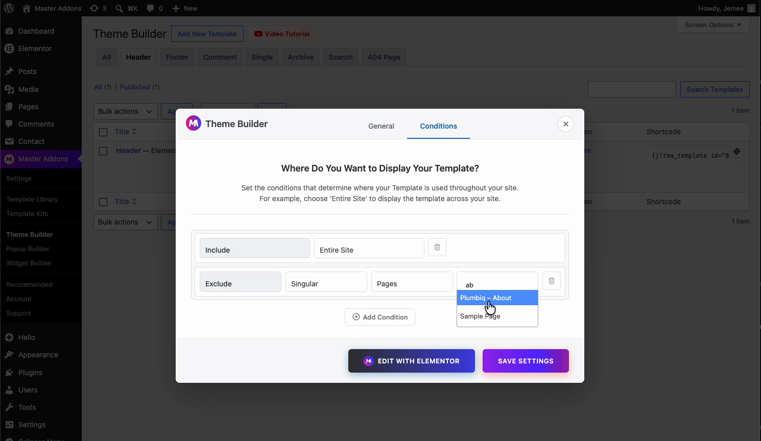 Excluding a specific page from the header using Exclude Singular Pages in Master Addons Theme Builder