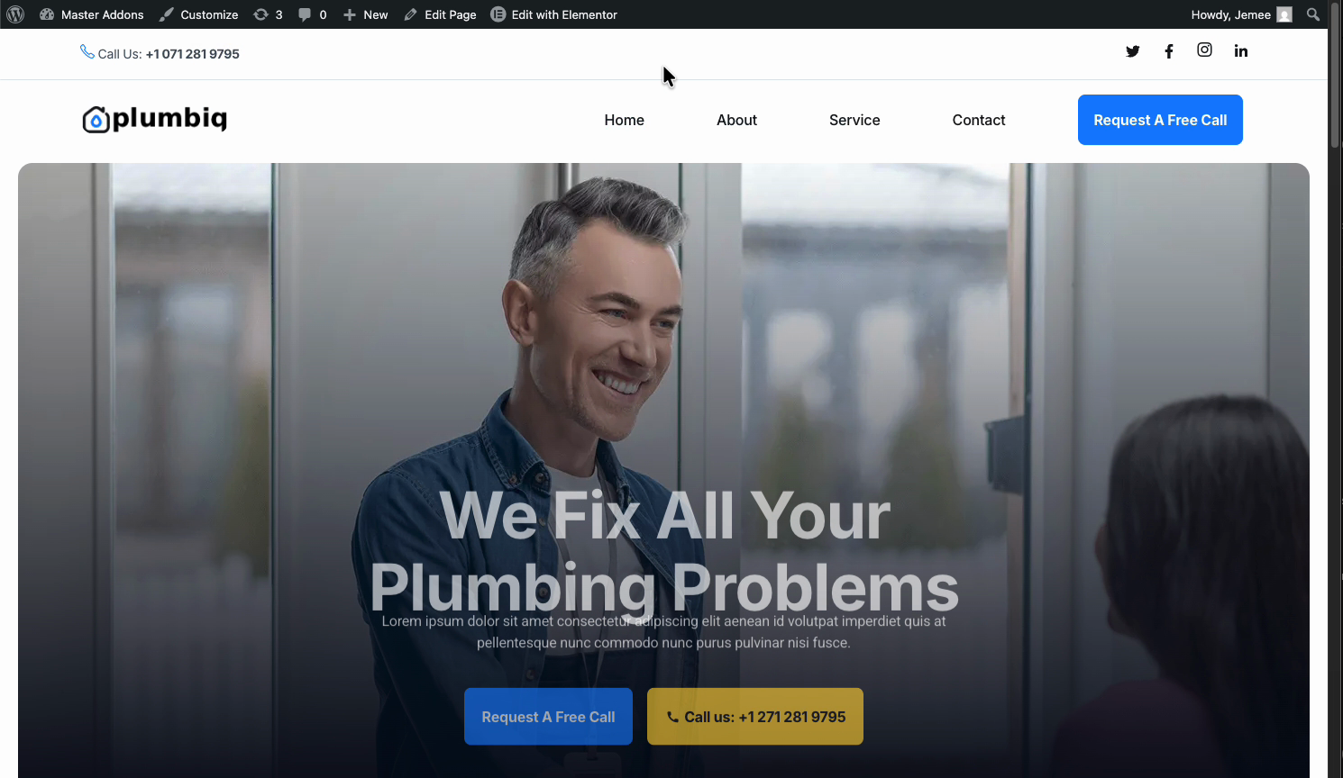 Custom Master Addons header live on the homepage with logo, navigation menu, and call-to-action button