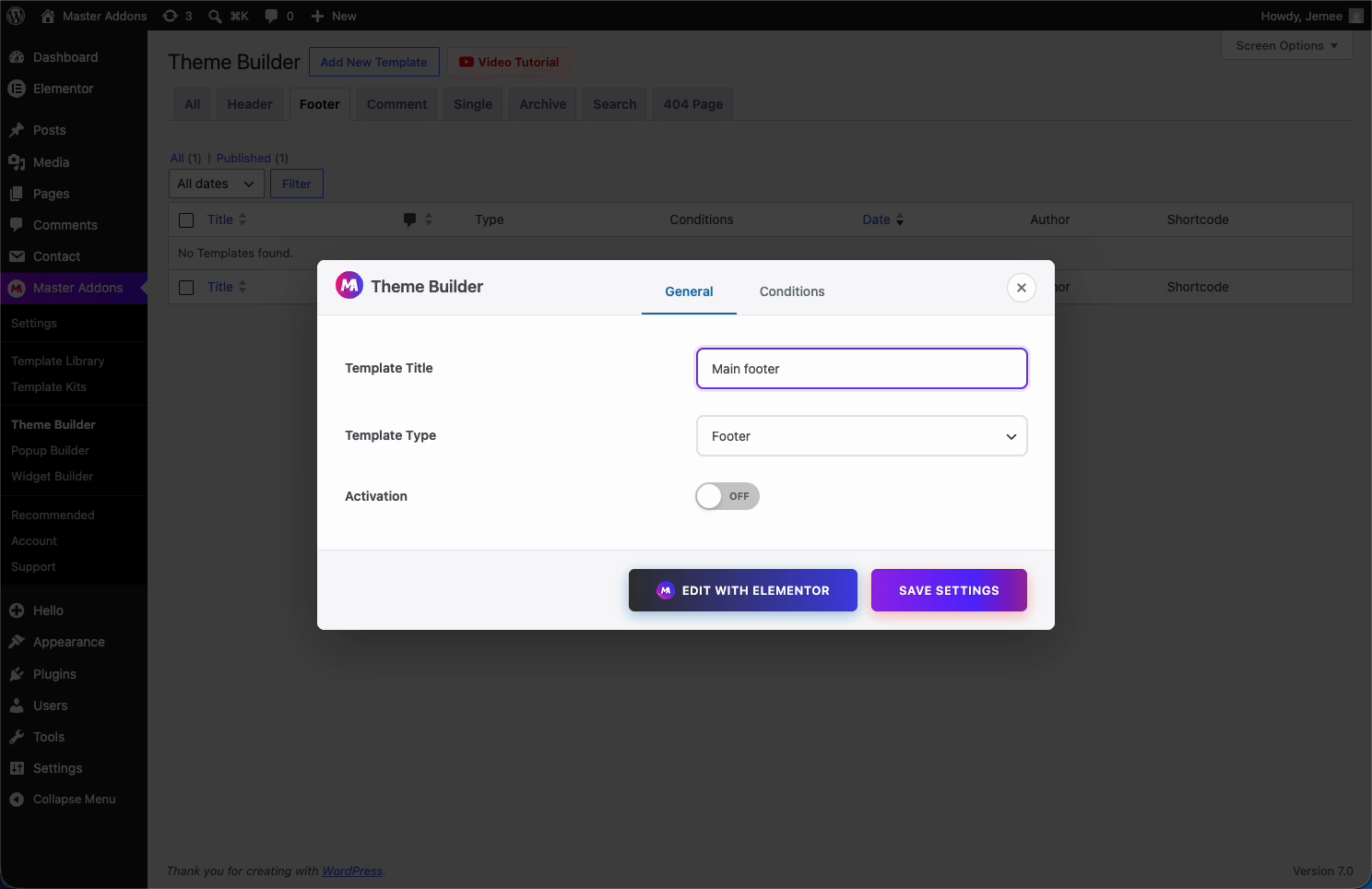 Creating a Footer template in the Master Addons Theme Builder with template type set to Footer