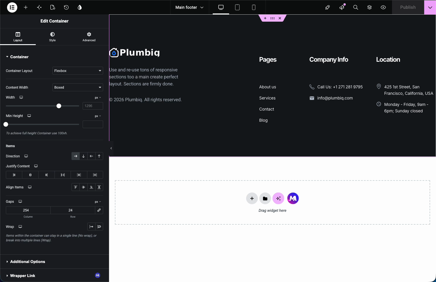 Designing a custom footer in the Elementor editor with logo, menu columns, and contact details