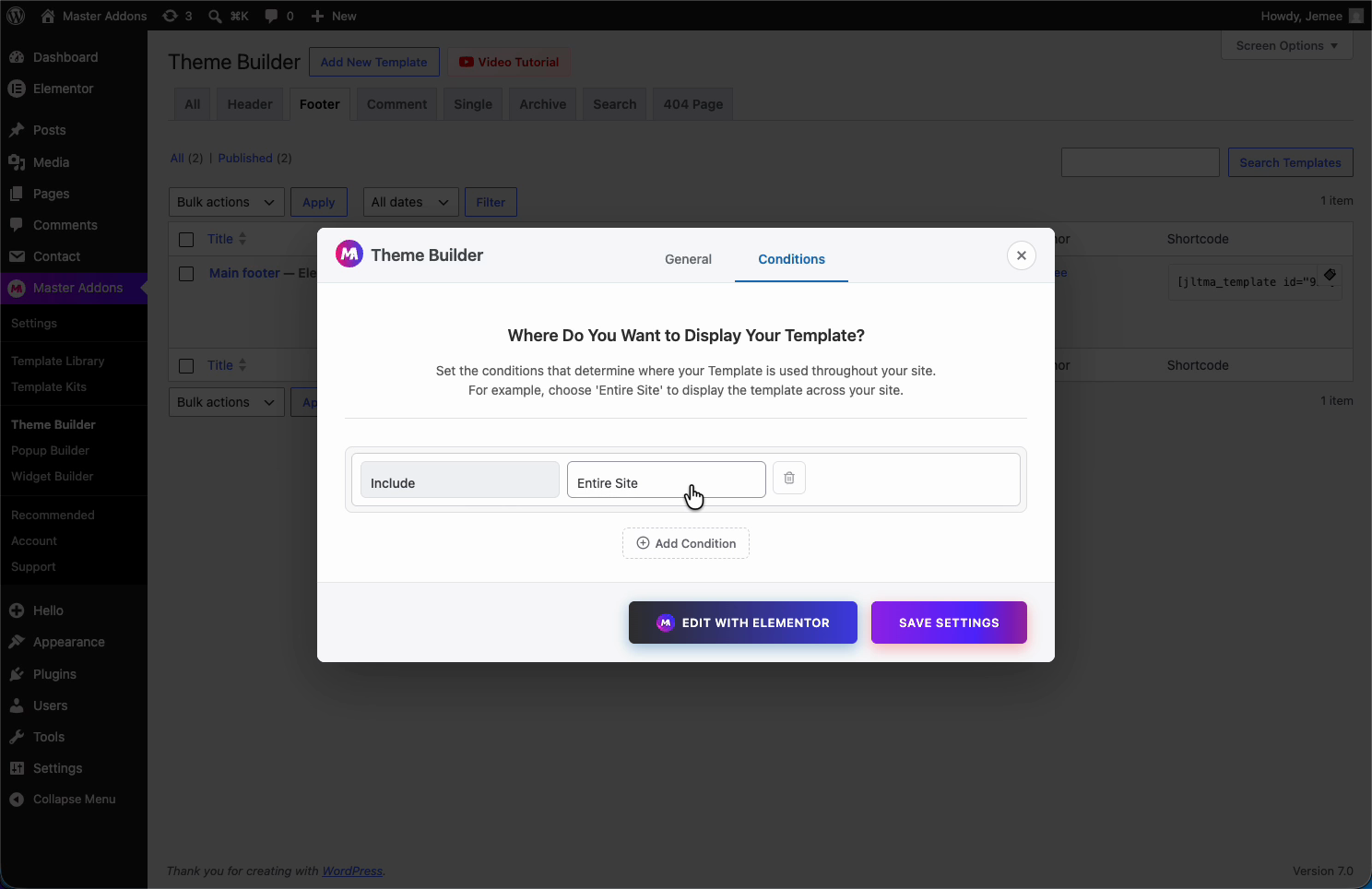 Setting the footer display condition to Include Entire Site in Master Addons Theme Builder