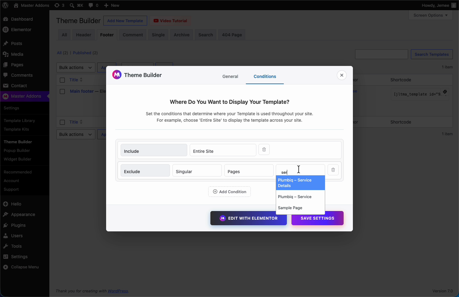 Excluding a specific page from the footer using Exclude Singular Pages in Master Addons Theme Builder