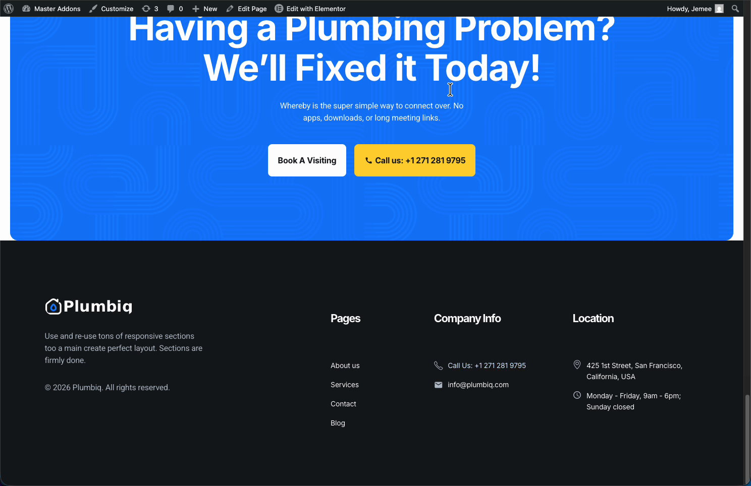 Custom Master Addons footer live on the front end with logo, menu columns, contact info, and copyright