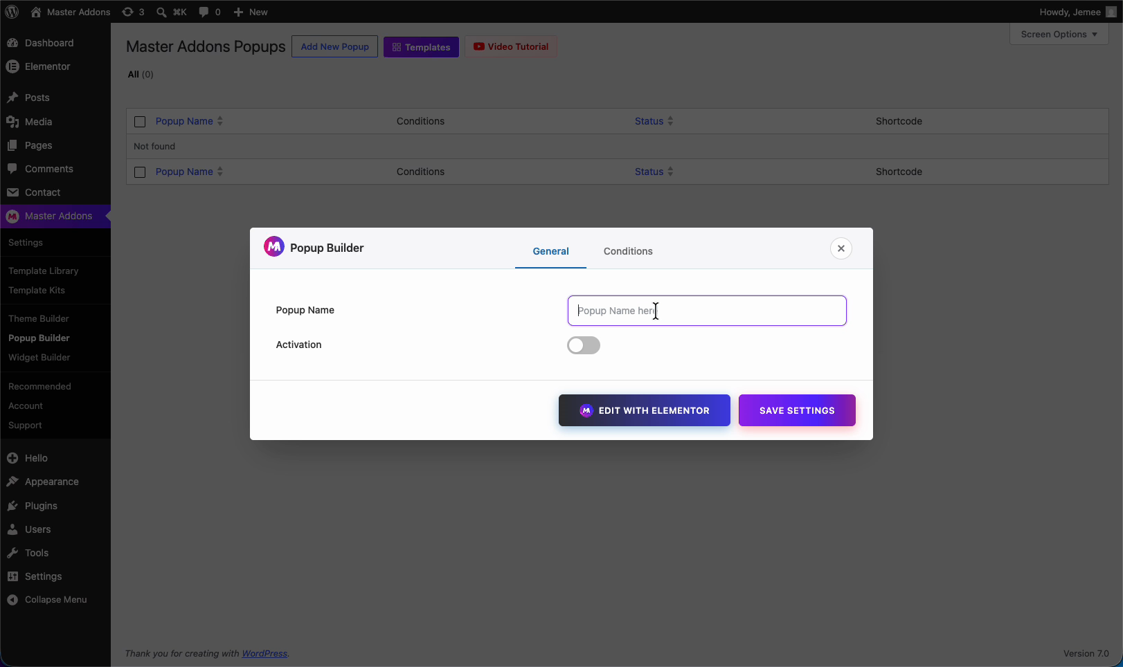 Creating a new popup in the Master Addons Popup Builder with a name and activation toggle