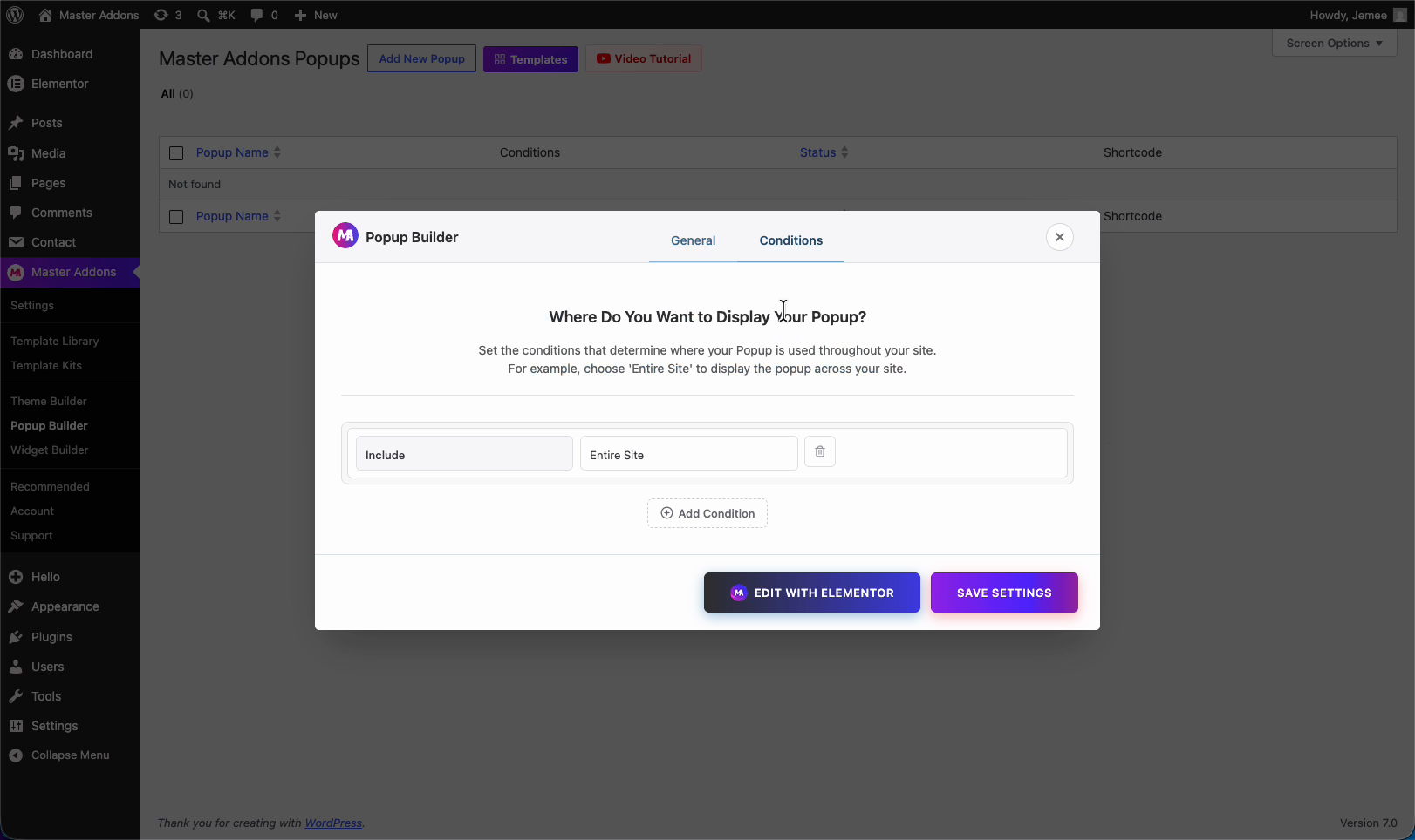 Setting popup display conditions to Include Entire Site in the Master Addons Popup Builder