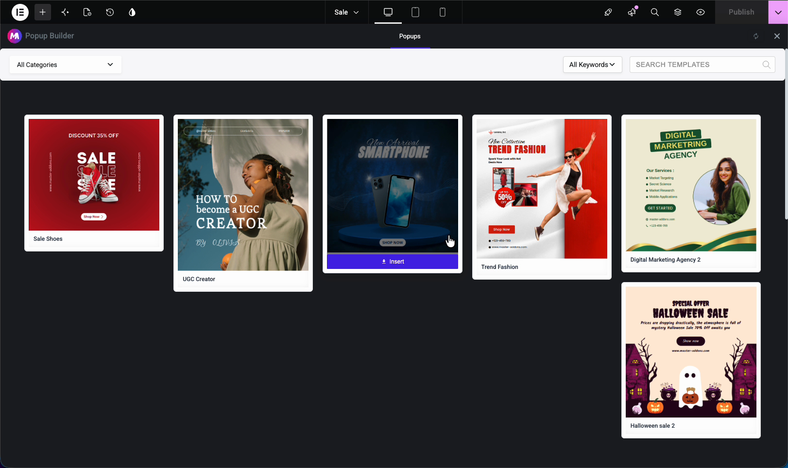 Importing a popup design from the Master Addons popup template library