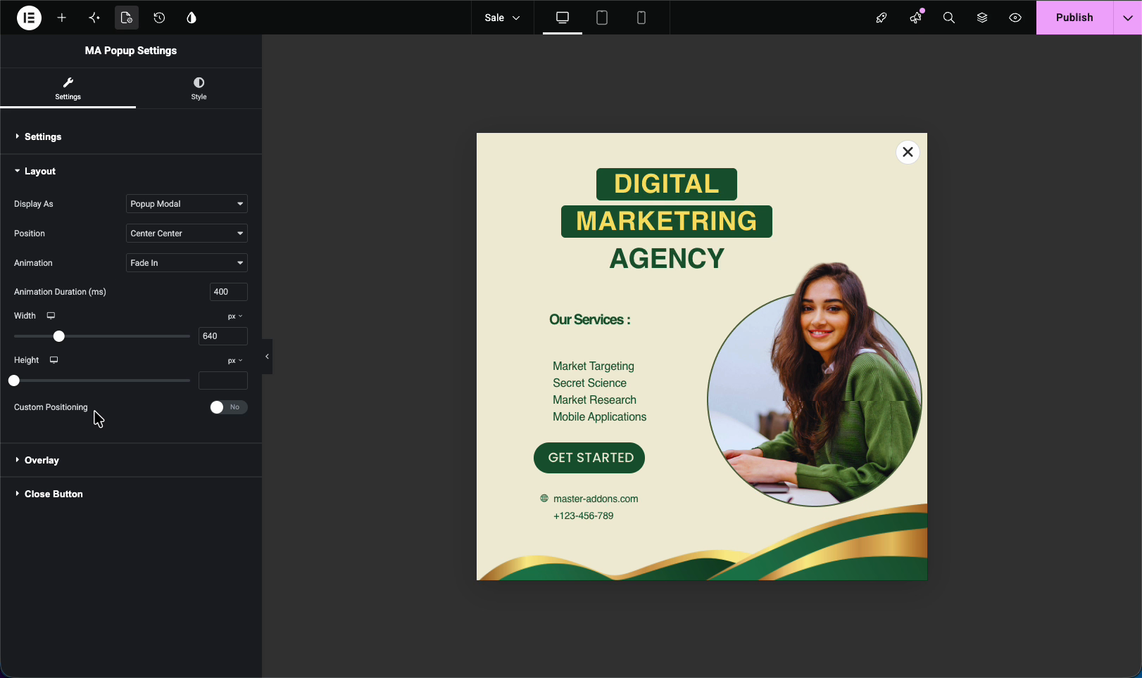 Master Addons popup Layout settings with display type, position, animation, width, and height