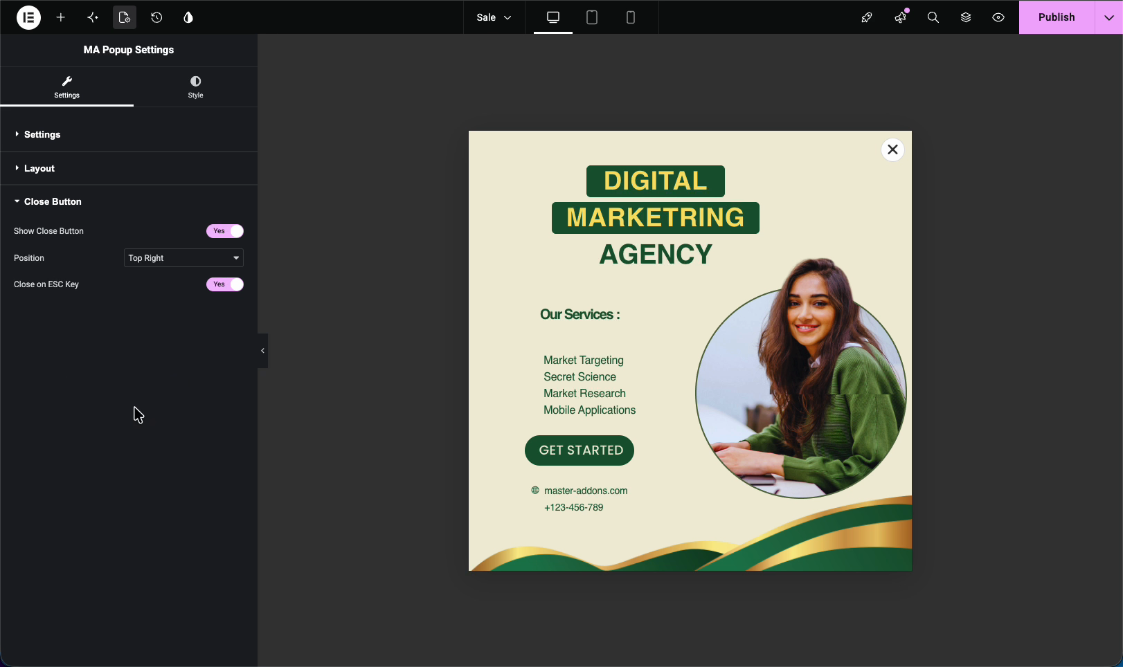 Master Addons popup Close Button settings with show button, position, and close on ESC key