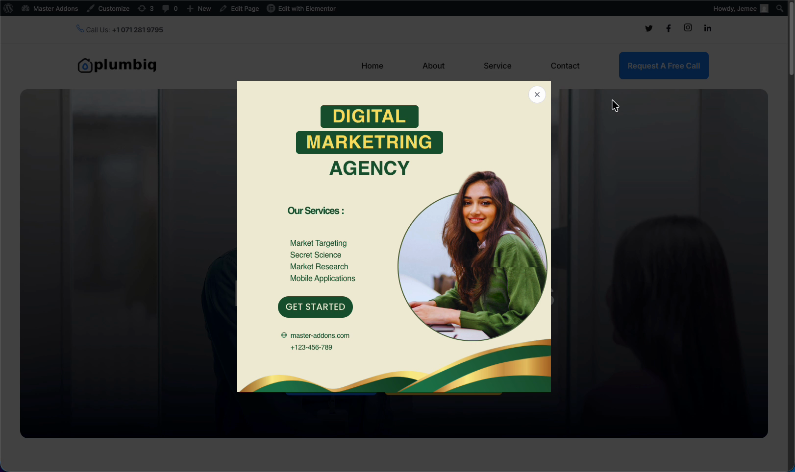 Master Addons popup live on the homepage front end with a dimmed overlay
