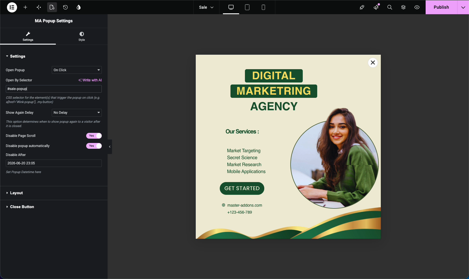 Setting the Master Addons popup Open Popup option to On Click with a CSS ID selector