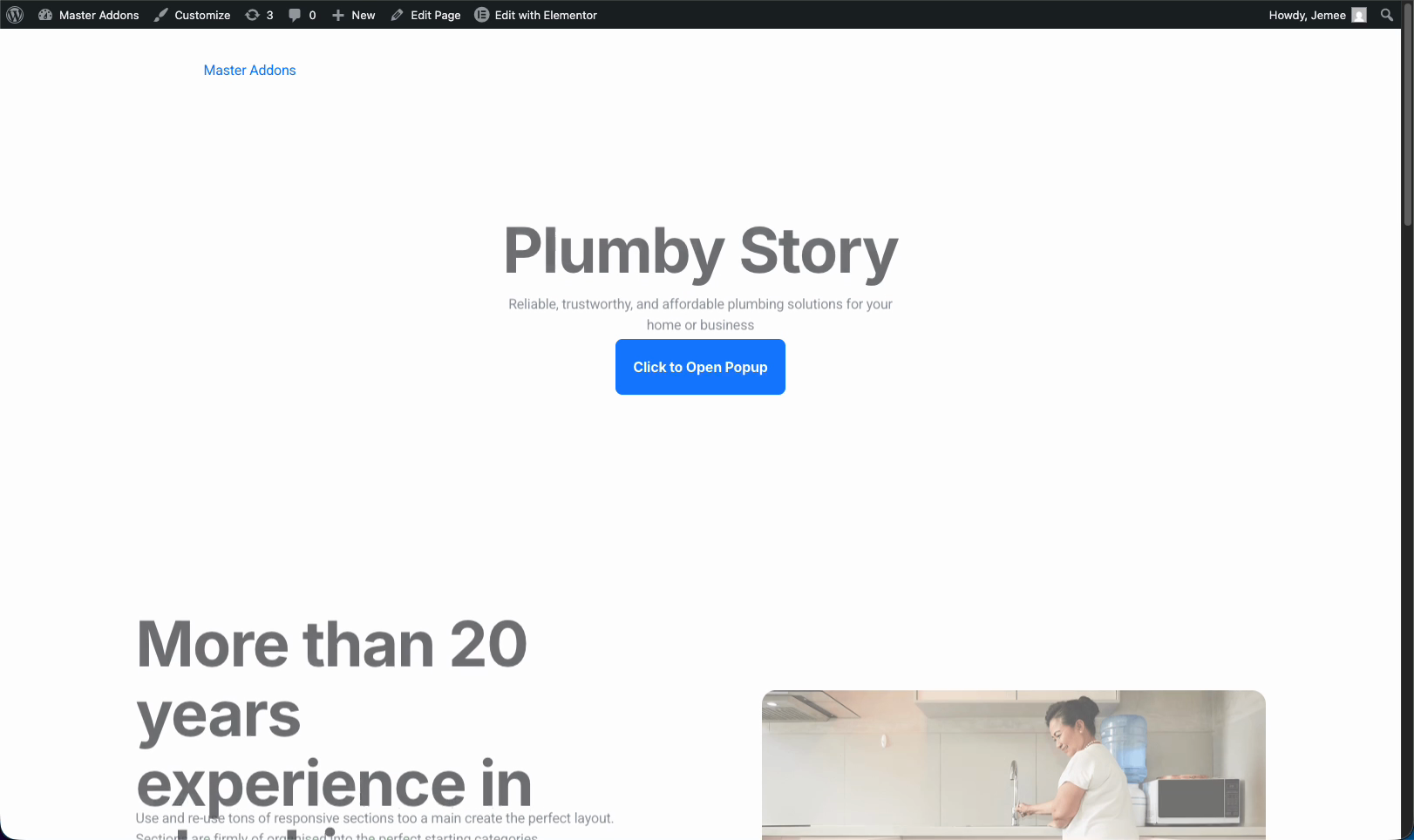 Elementor button labeled Click to Open Popup on the live page before the popup opens
