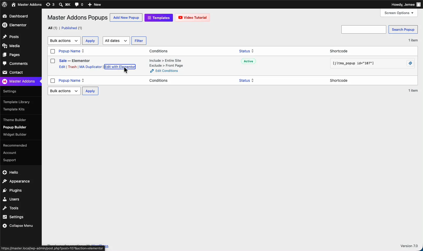 Master Addons Popups list with the Edit with Elementor link for the Sale popup