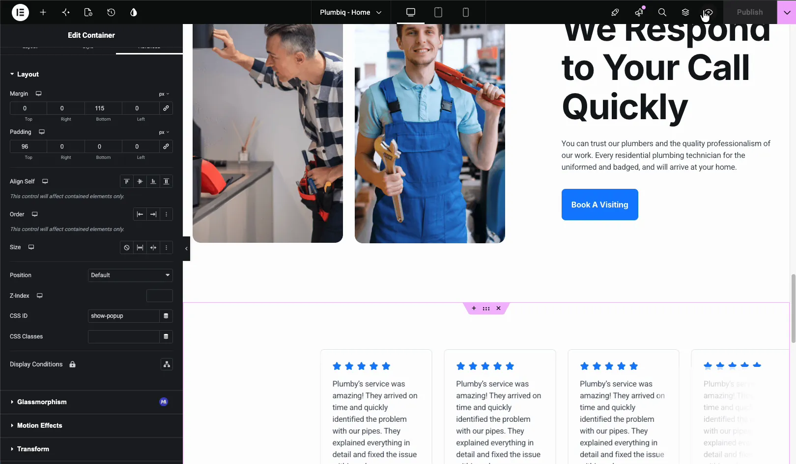 Selecting a section in Elementor and opening its Advanced tab to add a CSS ID