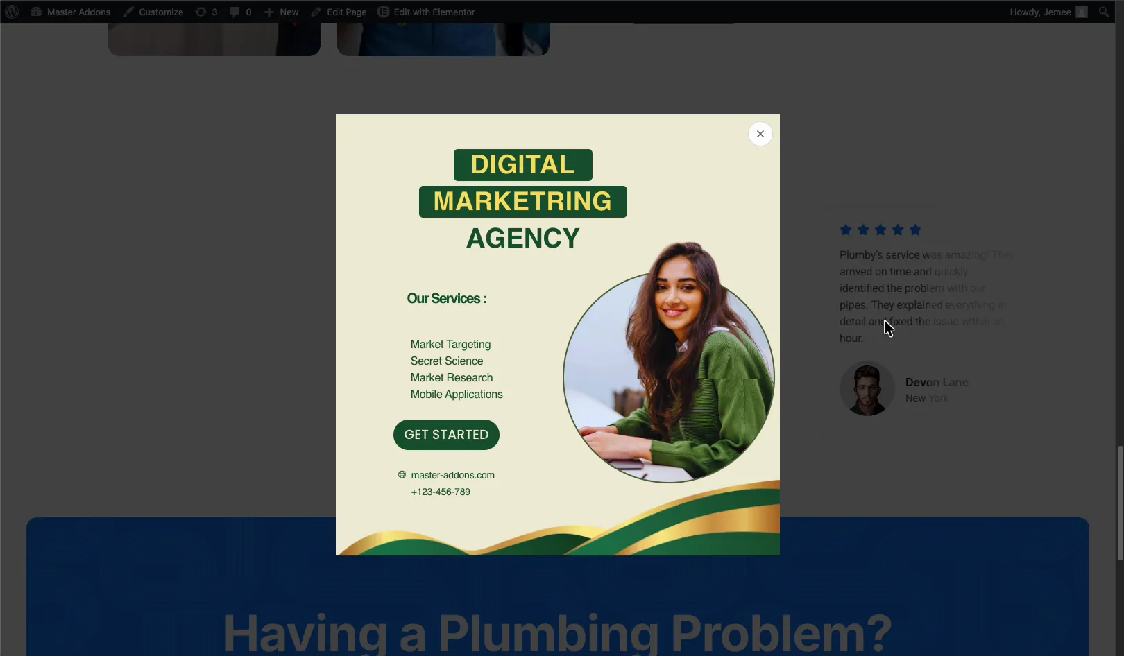 Master Addons popup opening on the front end when the visitor scrolls to the target element