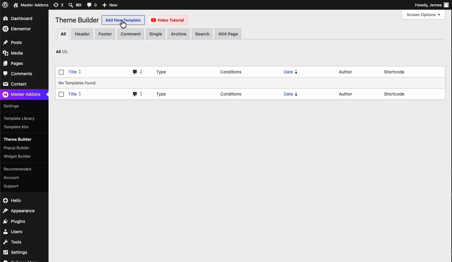 Master Addons Theme Builder dashboard in WordPress with template type tabs and the Add New Template button