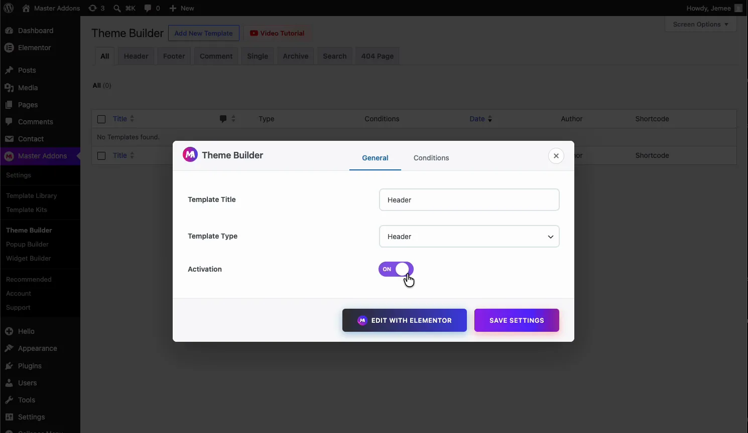 Theme Builder template settings with the title set to Header, template type Header, and activation switched on