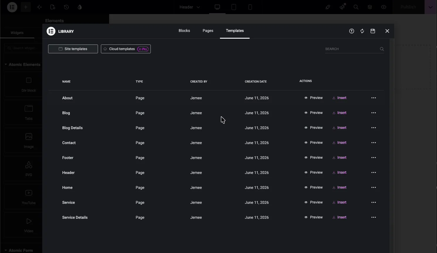 Elementor template library showing saved site templates with preview and insert options