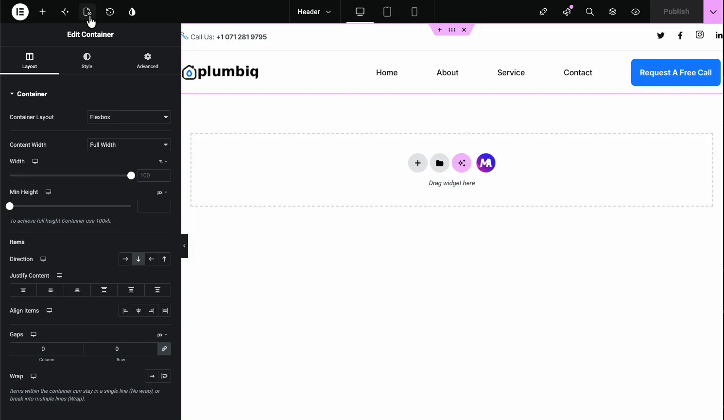 Custom header design in the Elementor editor with logo, navigation menu, call button, and top bar