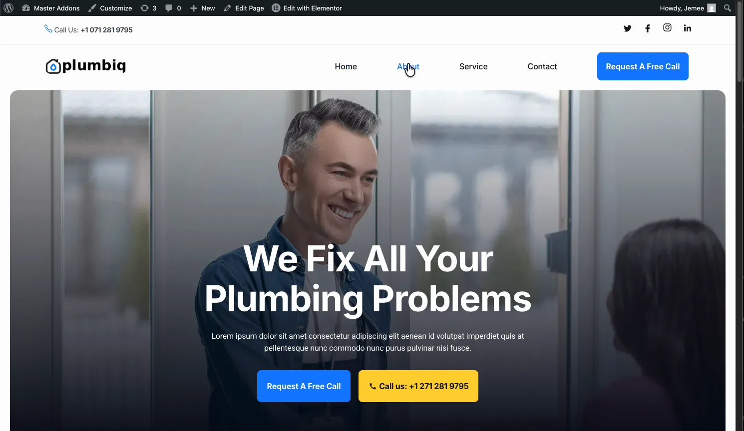 Live website homepage showing the custom Elementor header above the hero section