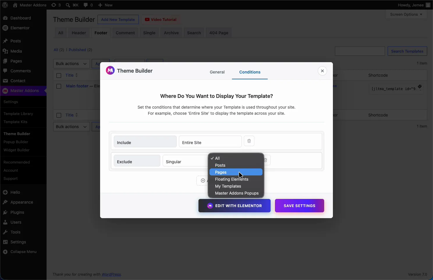 Theme Builder display conditions panel with include and exclude rules and a dropdown of target options