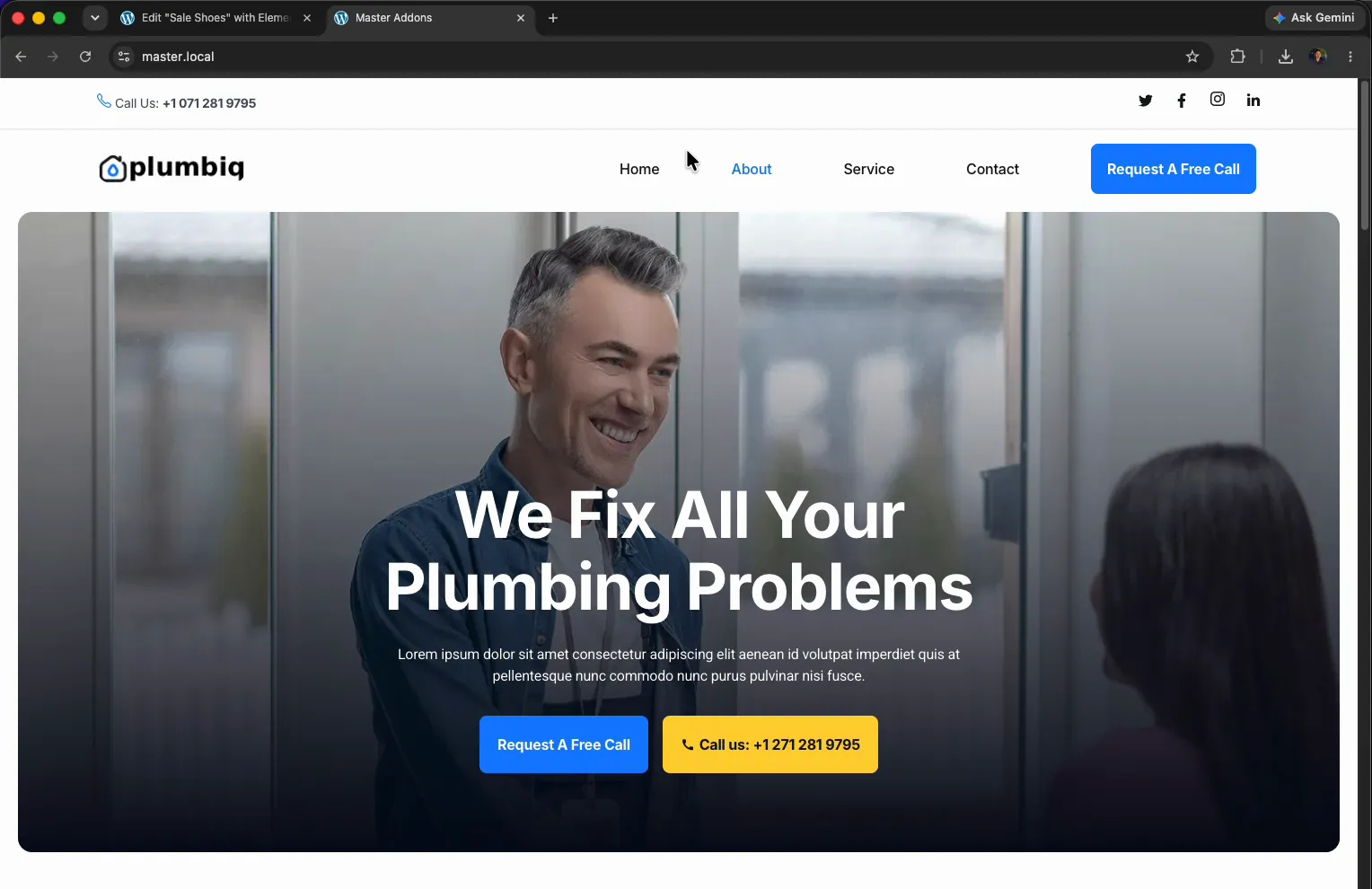 Live plumbing website homepage with no popup visible while the visitor is reading