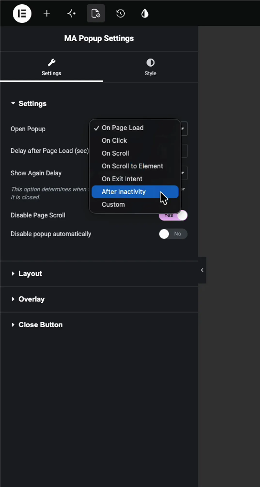 Open Popup dropdown in MA Popup Settings with the After Inactivity trigger highlighted