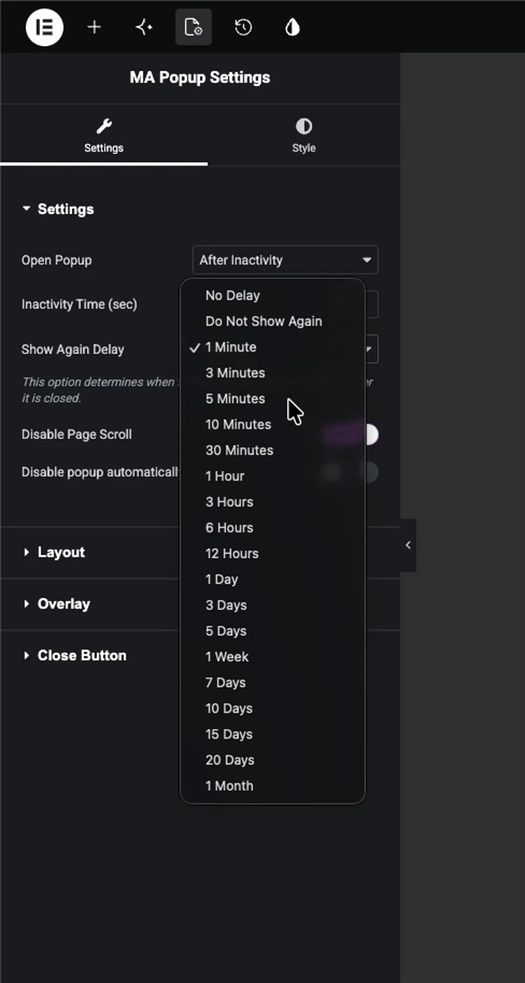 Show Again Delay dropdown open in Master Addons popup settings with time options listed