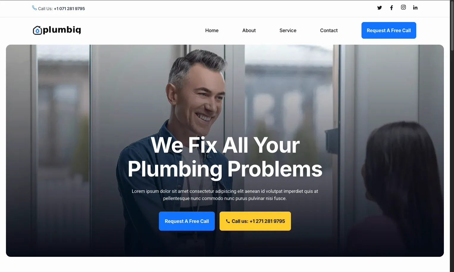 Live plumbing website homepage with no popup visible while the visitor is active