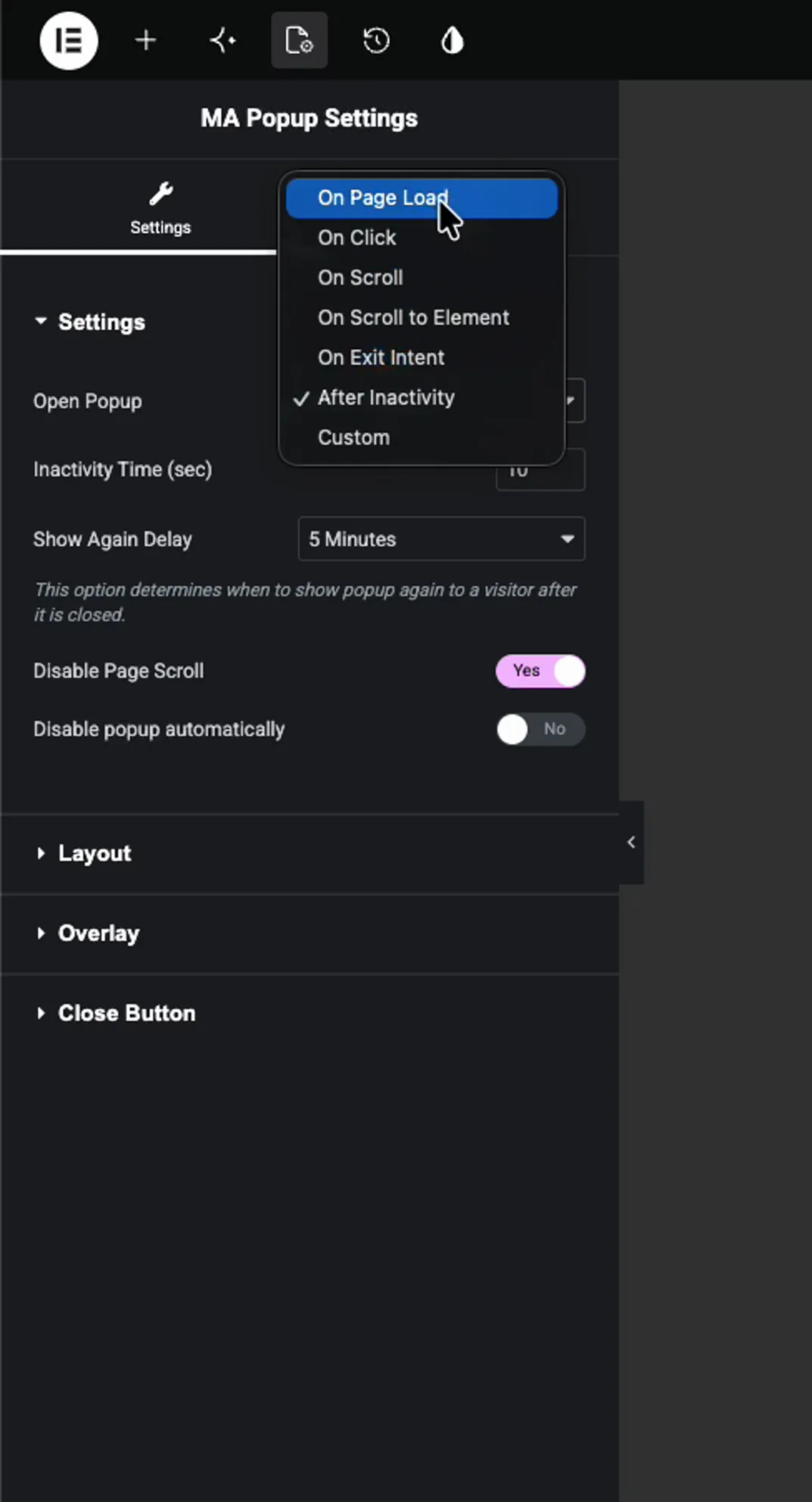 Open Popup dropdown in MA Popup Settings with On Page Load selected at the top of the list