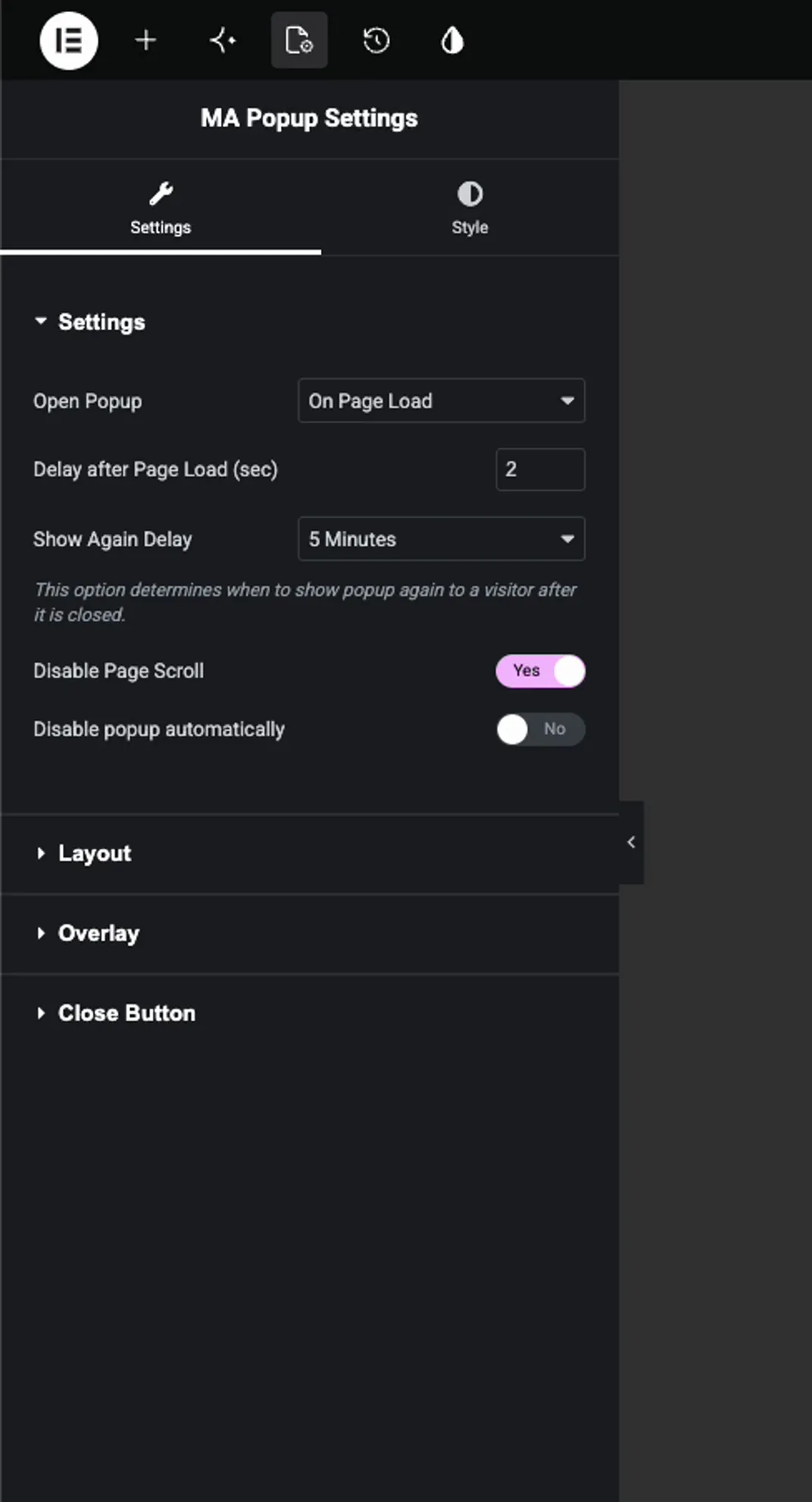 Delay after Page Load field set to 2 seconds under the On Page Load trigger in Master Addons