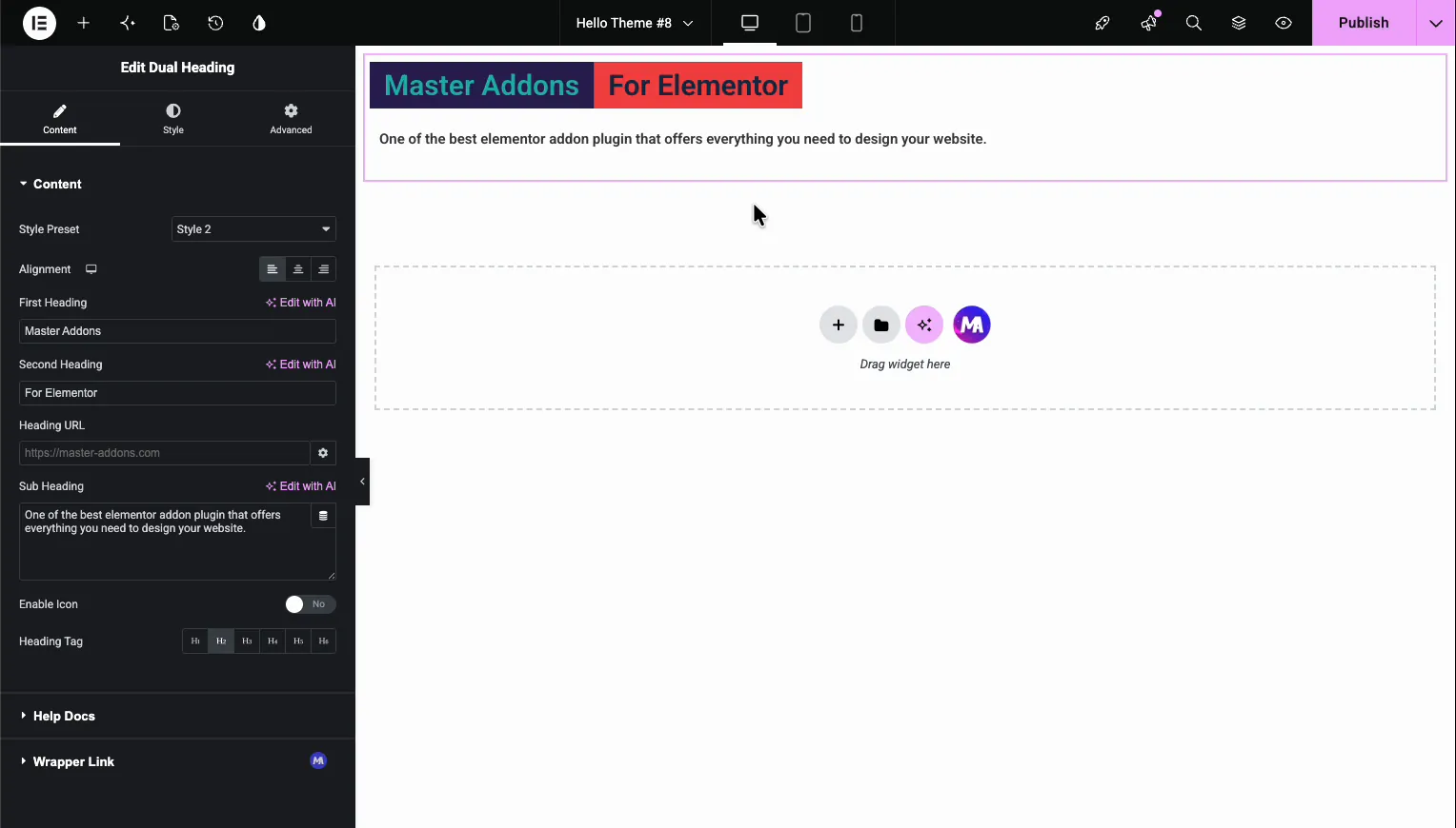 Dual Heading Content tab in Master Addons showing First Heading, Second Heading, Sub Heading, and Heading Tag fields