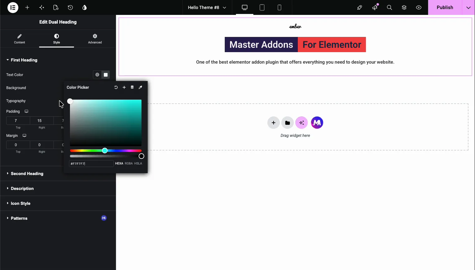 Enable Icon toggle set to Yes with an icon chosen above the dual heading in Master Addons