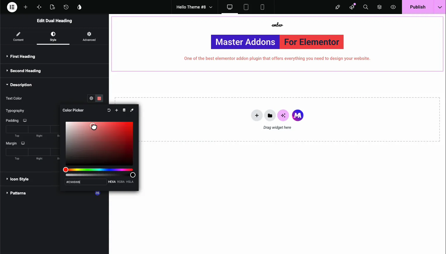 First Heading style section in Master Addons Dual Heading with Text Color, Background, Typography, Padding and Margin