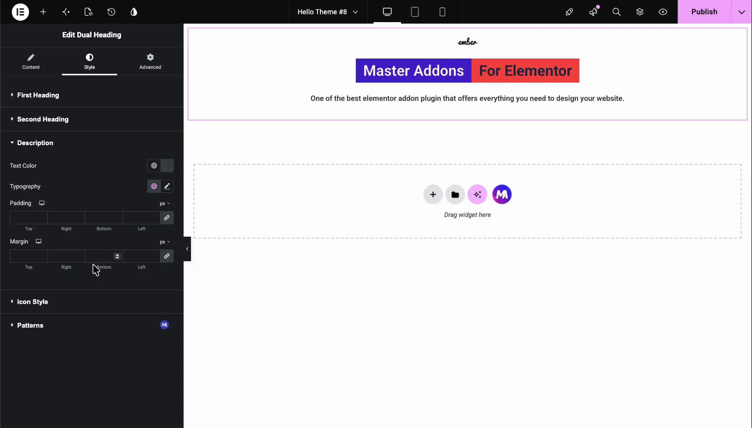 Description style section in Master Addons Dual Heading with text color and typography controls