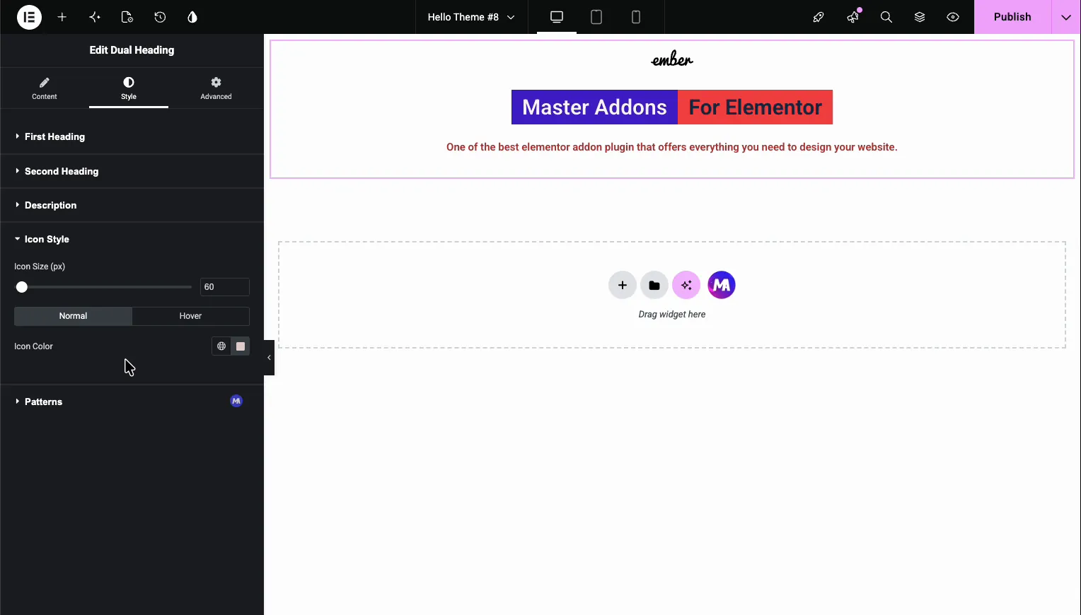Icon Style section in Master Addons Dual Heading with Icon Size slider and Normal and Hover color states
