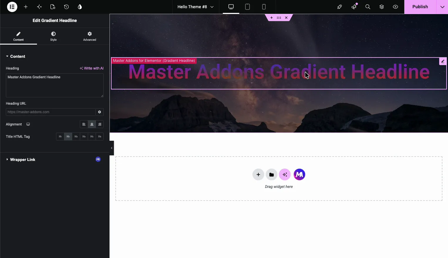 Gradient Headline Content tab in Master Addons with the heading text shown in the editor preview
