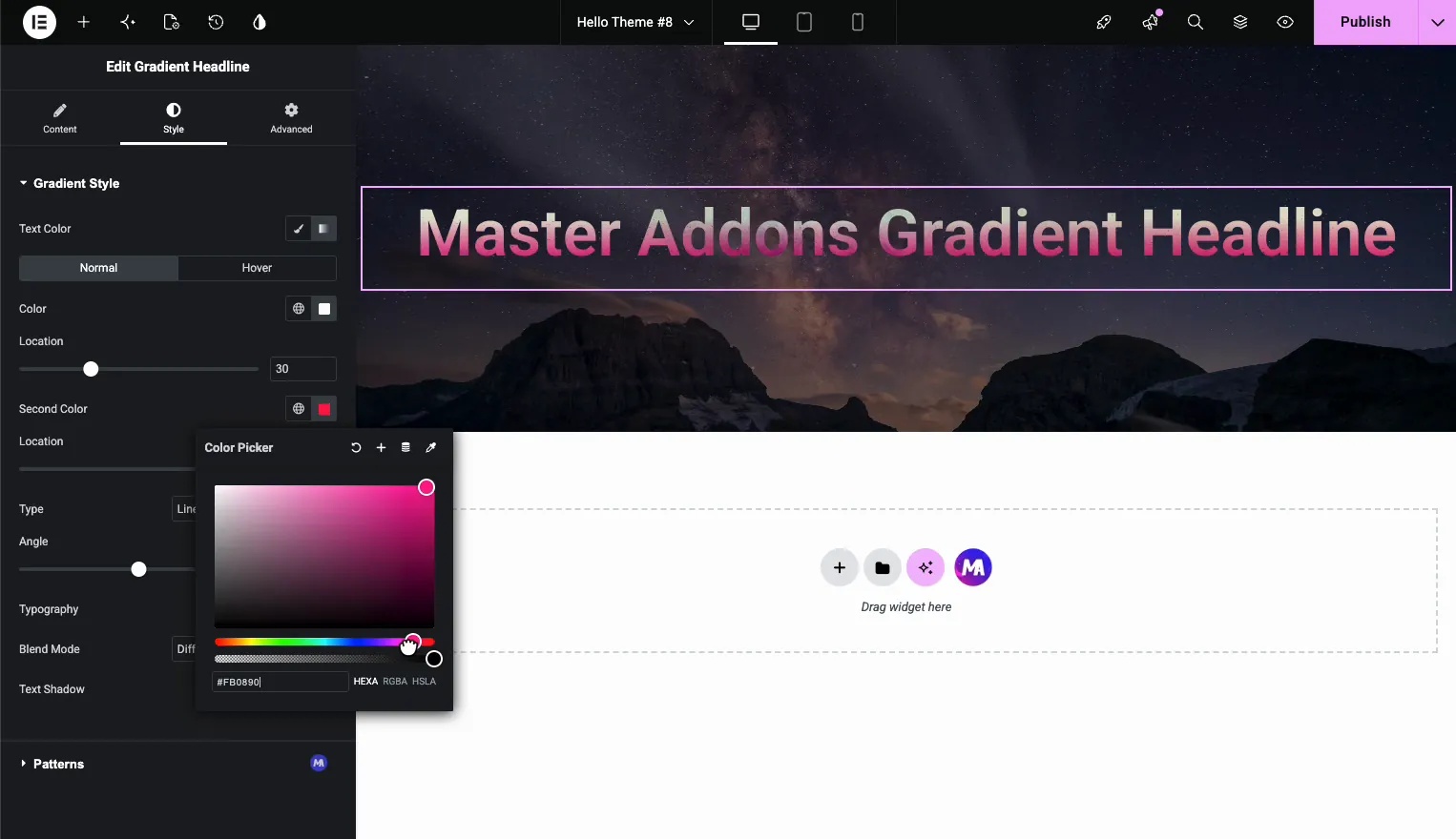 Choosing the first and second gradient colors for Elementor gradient text with the headline preview