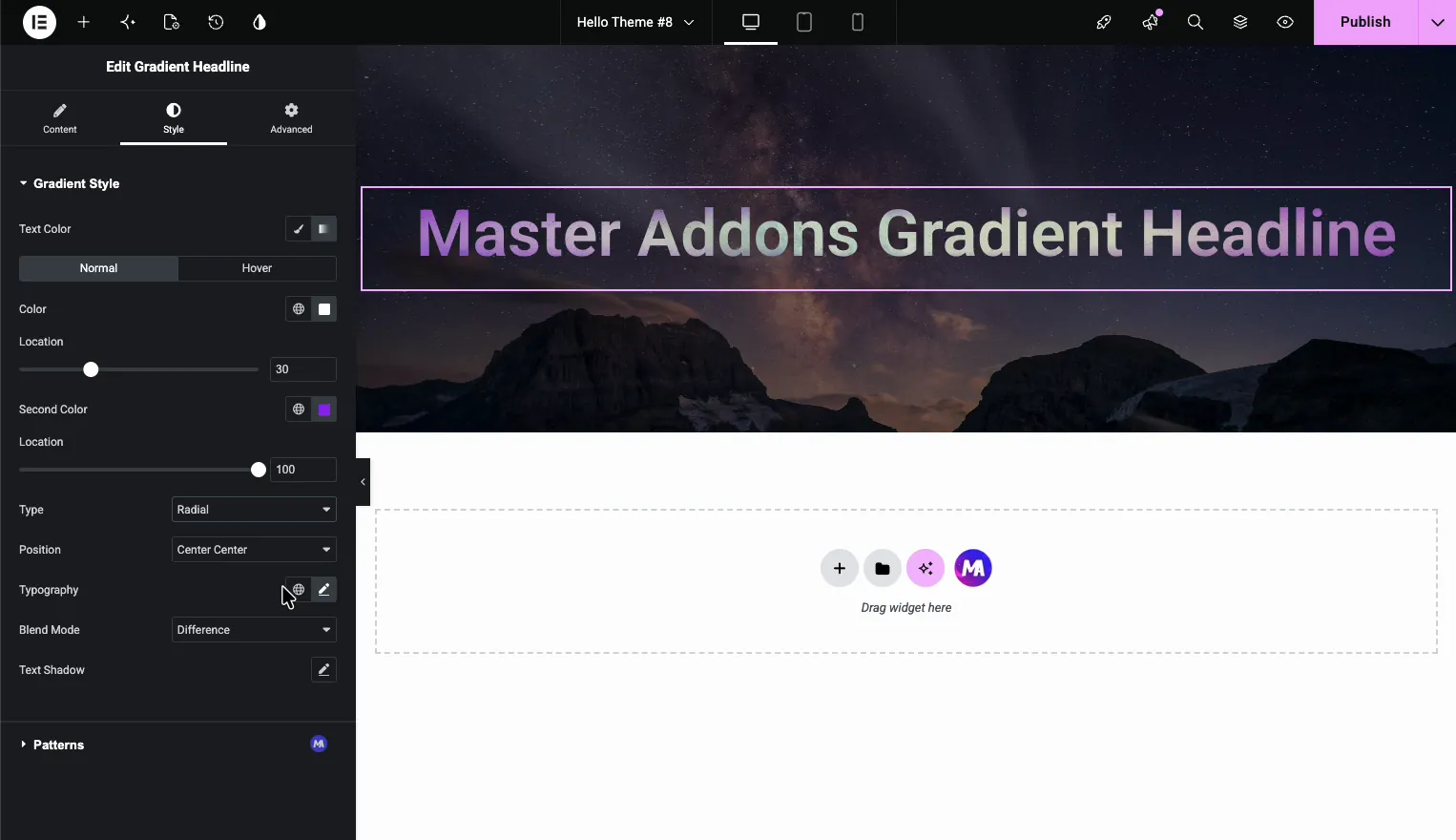 Gradient Type set to Radial with Position control and the gradient headline preview in Master Addons