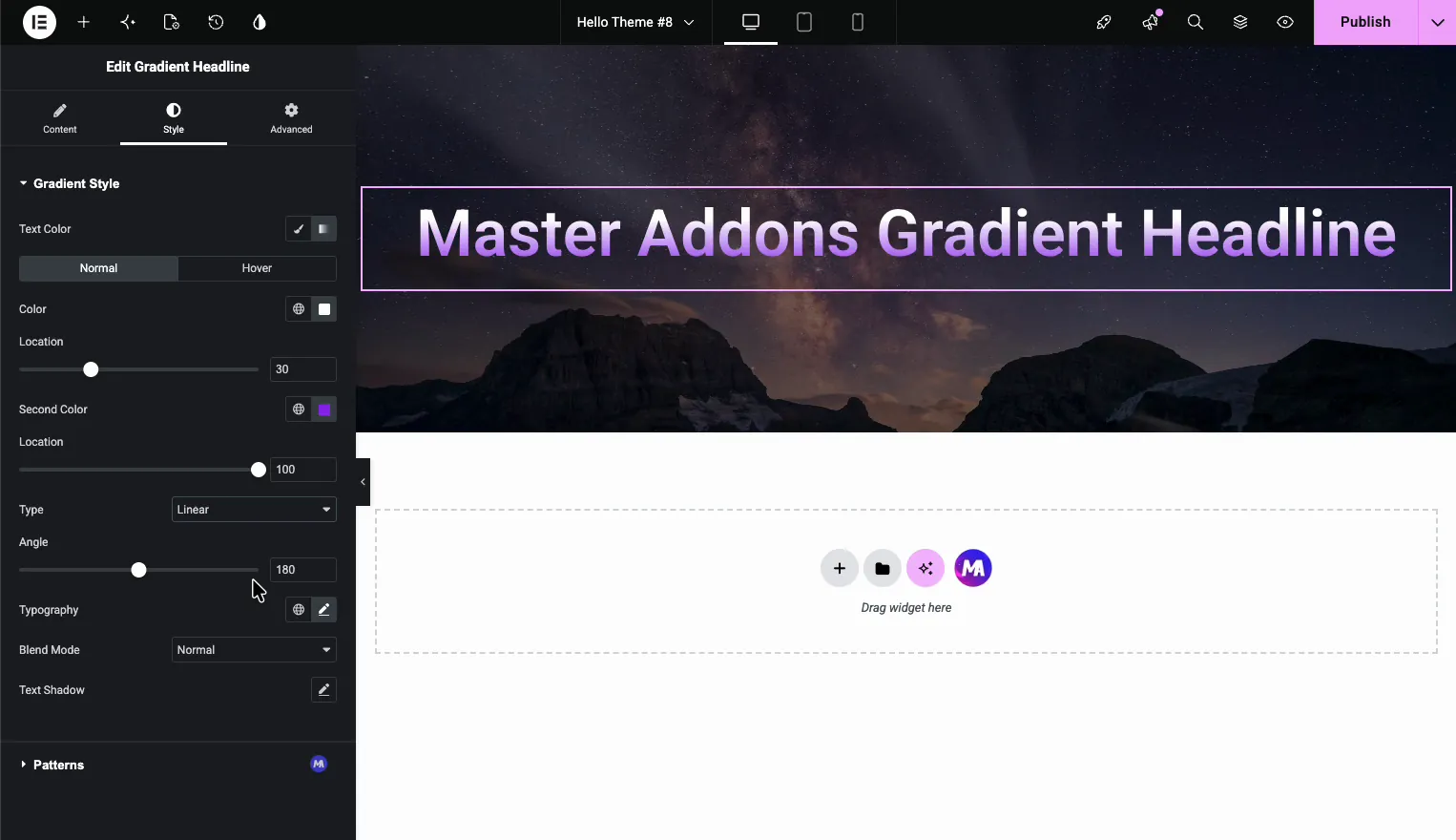 Gradient Type set to Linear with the Angle slider and the gradient headline preview in Master Addons