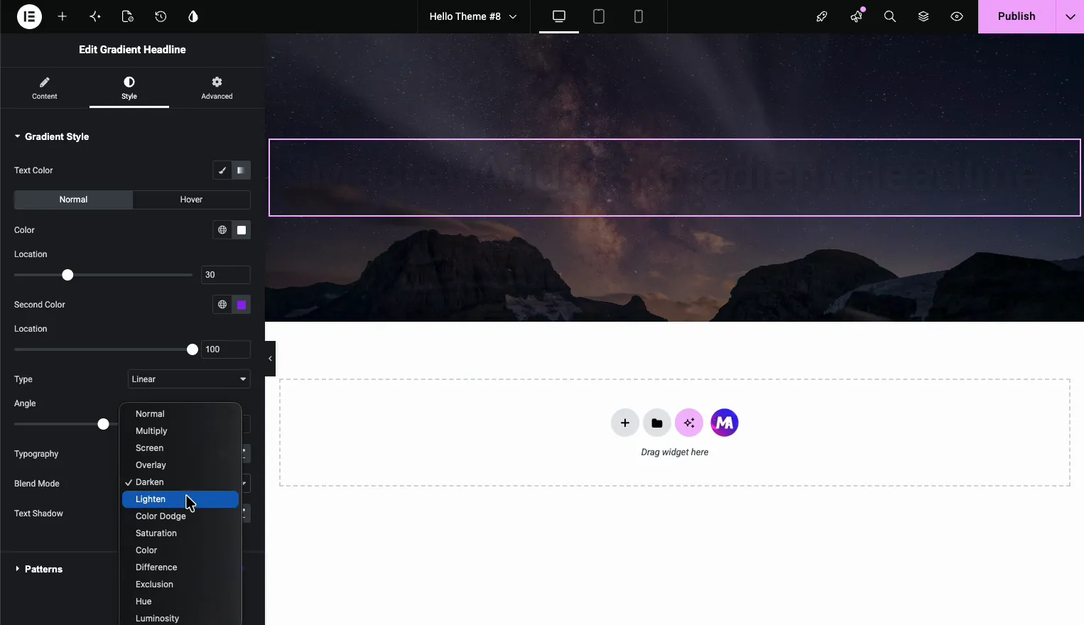 Blend Mode dropdown in Master Addons Gradient Headline showing the 13 text blend modes with the headline preview